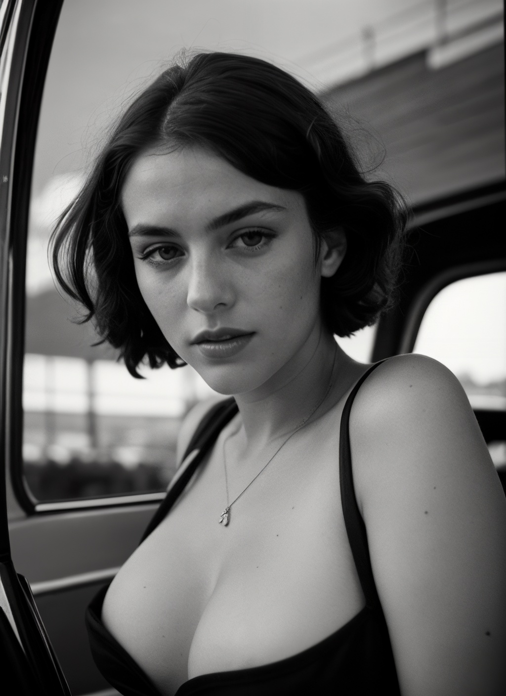 black and white closeup photo of french model,  in vintage car,  in the style of 1940 photography on Tensor.Art