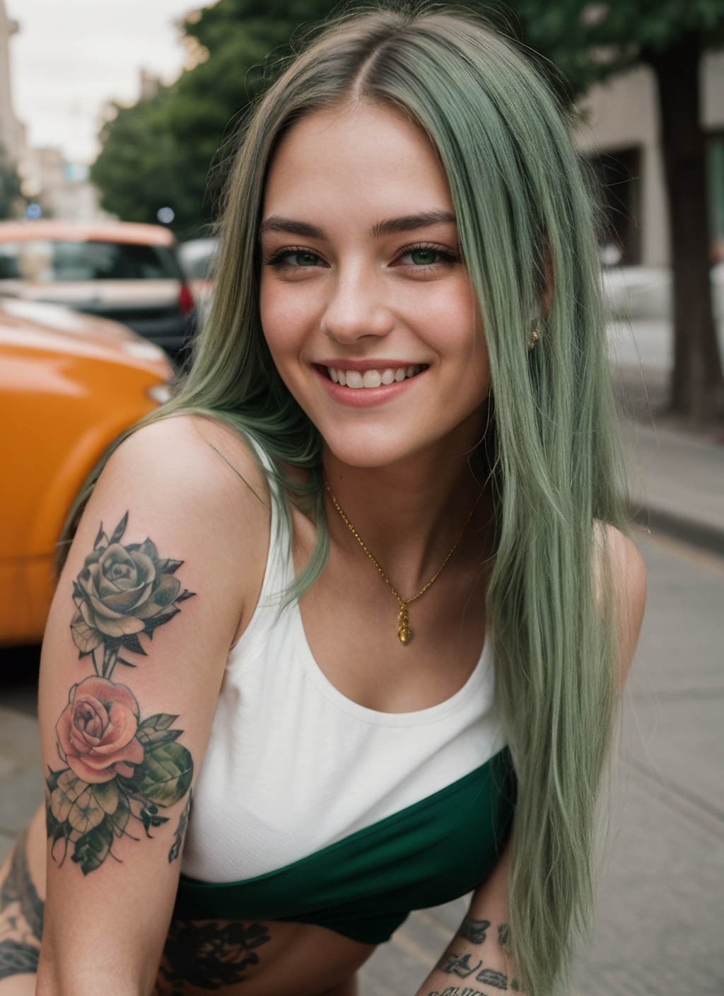 portrait of girl with a cute smile and long sleek green hair,  fashion,  orange and amber pastel color palette on Tensor.Art