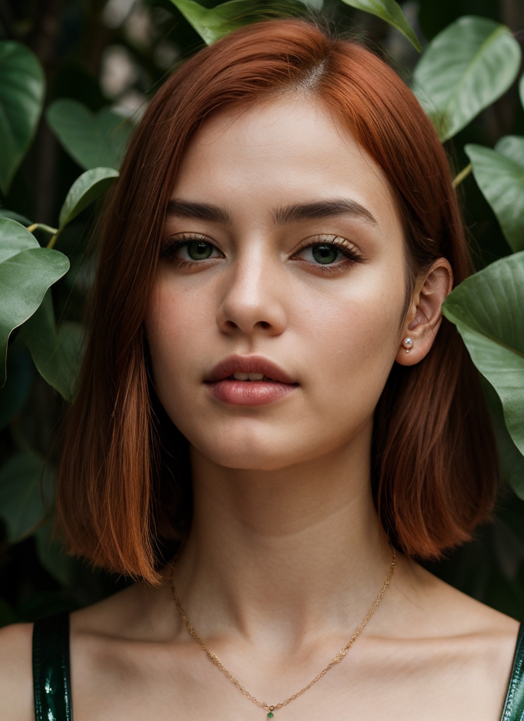 a woman with red hair and green leaves,  hyper-realistic skin,  shiny/glossy on Tensor.Art