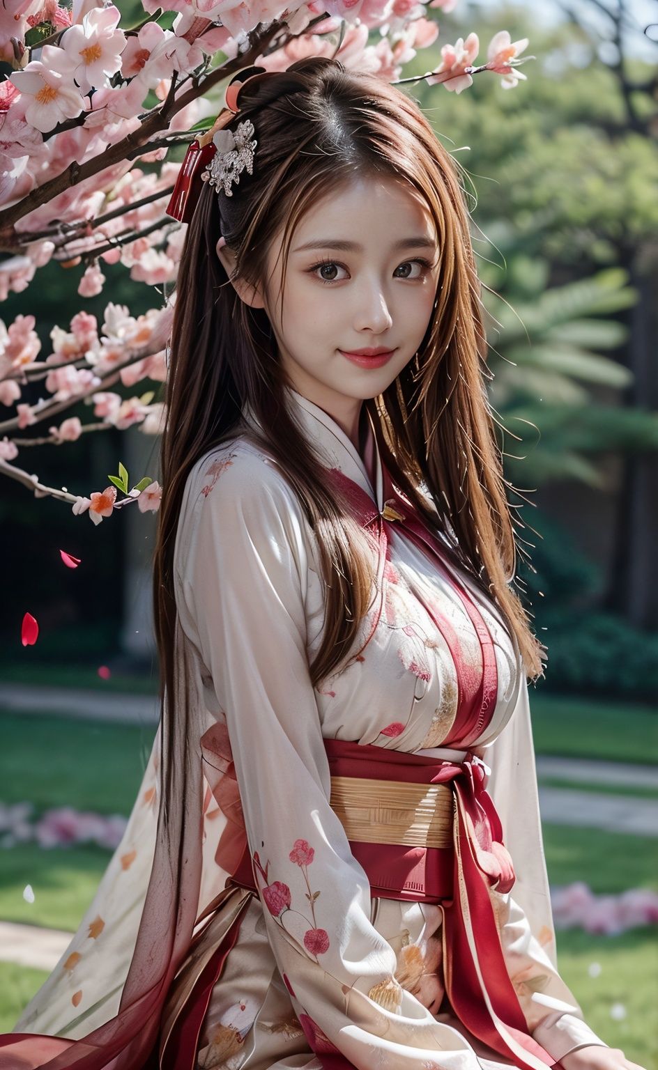  (Good structure), HDR, UHD, 8K, A real person, Highly detailed, best quality, masterpiece, 1girl, realistic, Highly detailed, (EOS R8, 50mm, F1.2, 8K, RAW photo:1.2), ultra realistic 8k, (best illumination, best shadow, extremely delicate and beautiful), (official art, beautiful and aesthetic:1.2), 
pose for picture,, Dynamic pose , sitting,lips,looking_at_viewer,lips,(perfect body), (solo), 1girl, , long hair, Wind, flowing hair, big_breast,kind smile, ,((A colorful garden background with fluttering petals)) , , chinese clothes,see-through,linxinru
