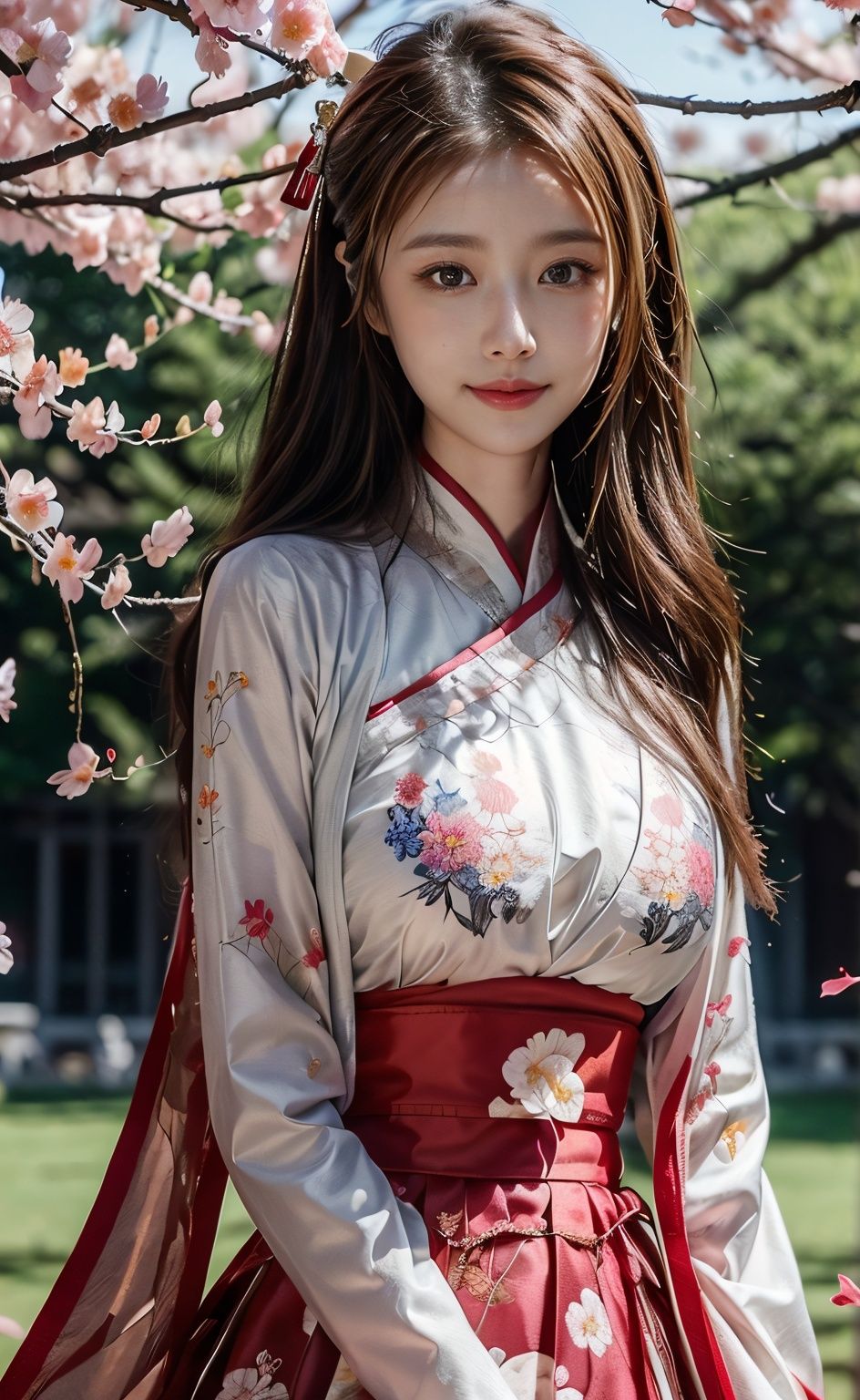  (Good structure), HDR, UHD, 8K, A real person, Highly detailed, best quality, masterpiece, 1girl, realistic, Highly detailed, (EOS R8, 50mm, F1.2, 8K, RAW photo:1.2), ultra realistic 8k, (best illumination, best shadow, extremely delicate and beautiful), (official art, beautiful and aesthetic:1.2), 
pose for picture,upper_body, Dynamic pose , sitting,lips,looking_at_viewer,lips,(perfect body), (solo), 1girl, , long hair, Wind, flowing hair, big_breast,kind smile, ,((A colorful garden background with fluttering petals)) , , chinese clothes,see-through,linxinru