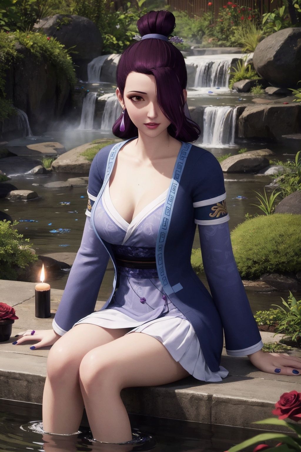 (masterpiece, top quality, best quality, official art, beautiful and aesthetic:1.2), (realistic:1.1), colorful, extreme detailed, highest detailed, RAW, dslr, delicate, sharp focus, (20 years old:1.2), (square-leg:1.2), (slim girl:1.3), (mature female:1.3), (long legs:1.2), (perfect female body:1.1), narrow waist, (large breasts:1.1), ---------------------------------------------------------------------------------------------------------------------------------------------------------------------------------------------------------------------------------------------, arms_behind_back, sitting, outdoors, hot spring, steam rising, rocks and pebbles around spring, sitting in warm water, surrounded by red roses floating in water, petals drifting around body, candles lit nearby, skin glistening with water droplets, sultry and alluring atmosphere, highly detailed sensual scene, cure sunshine, <lora:yanglishi10-000010:0.75:lbw=1,1,1,1,0,0,0.75,0.75,1,1,1,0.6,0.6,1,0.6,0.6,0.6>, yanglishi, 1girl, solo, earrings, jewelry, brown eyes, teeth, nail polish, fingernails, hair over one eye, makeup, realistic, long hair, blue nails, black hair, portrait, purple hair, single hair bun, eyeshadow, hair bun, lips, (blush:1.2), (shiny:1.1), ====================================================================================================================================================, pale skin, white skin, shiny skin, (detailed skin, detailed face:1.1), (emoji ✋:1.3), 