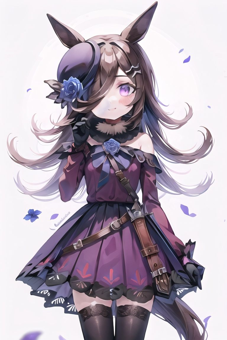 1girl, horse_girl, horse_ears, horse_tail, animal_ears, thighhighs, blue_rose, rose, solo, long_hair, blue_flower, purple_eyes, flower, smile, hair_over_one_eye, gloves, elbow_gloves, looking_at_viewer, bare_shoulders, tail, brown_hair