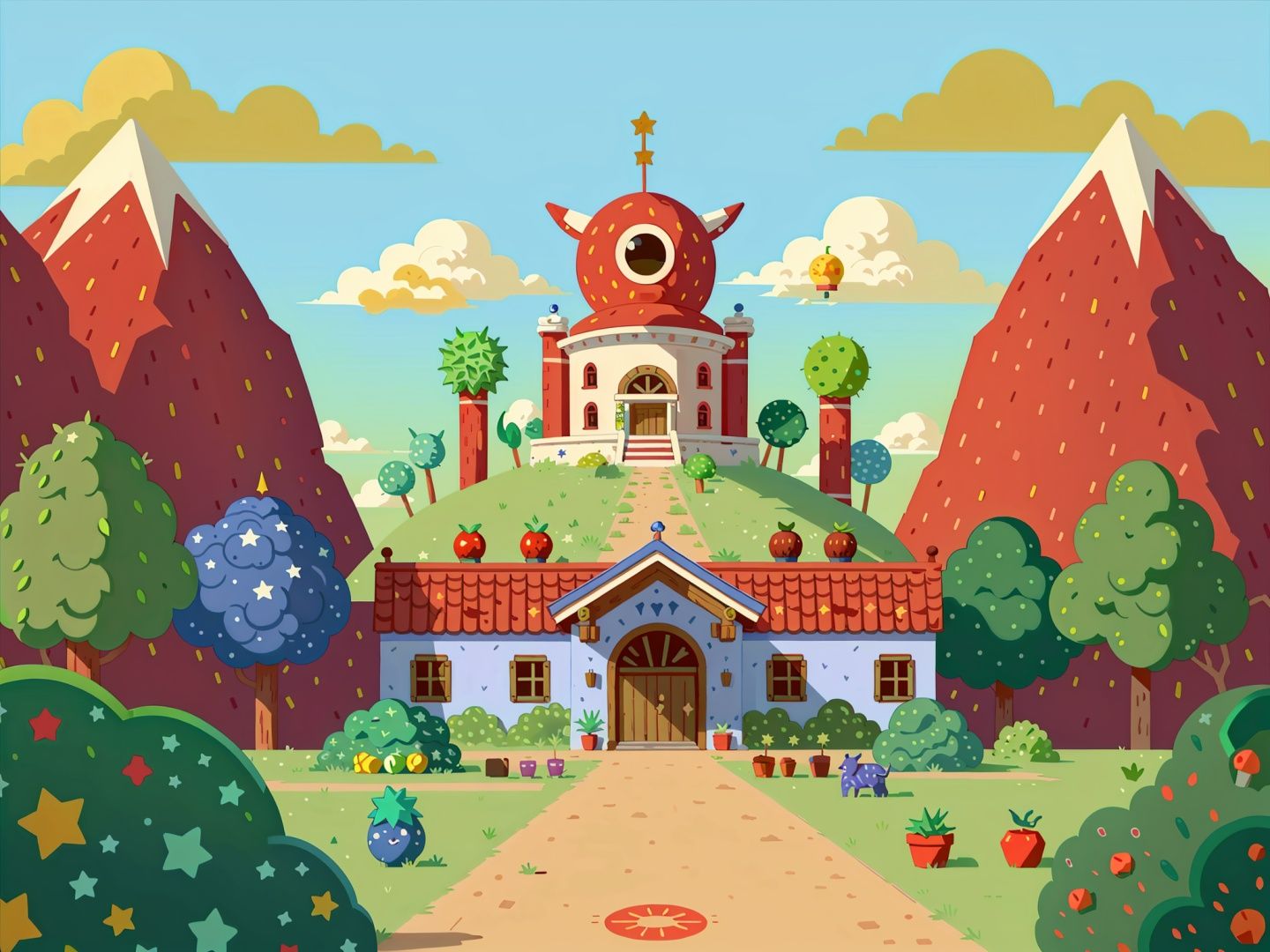 tree,no humans,outdoors,cloud,day,food,sky,grass,cactus,fruit,blue sky,star \(symbol\),smile,bush,house,cherry,aqichahua,illustration,flat color,Flat style,(Masterpiece),(best quality),<lora:aqichahua_v3-000000:0.7>,