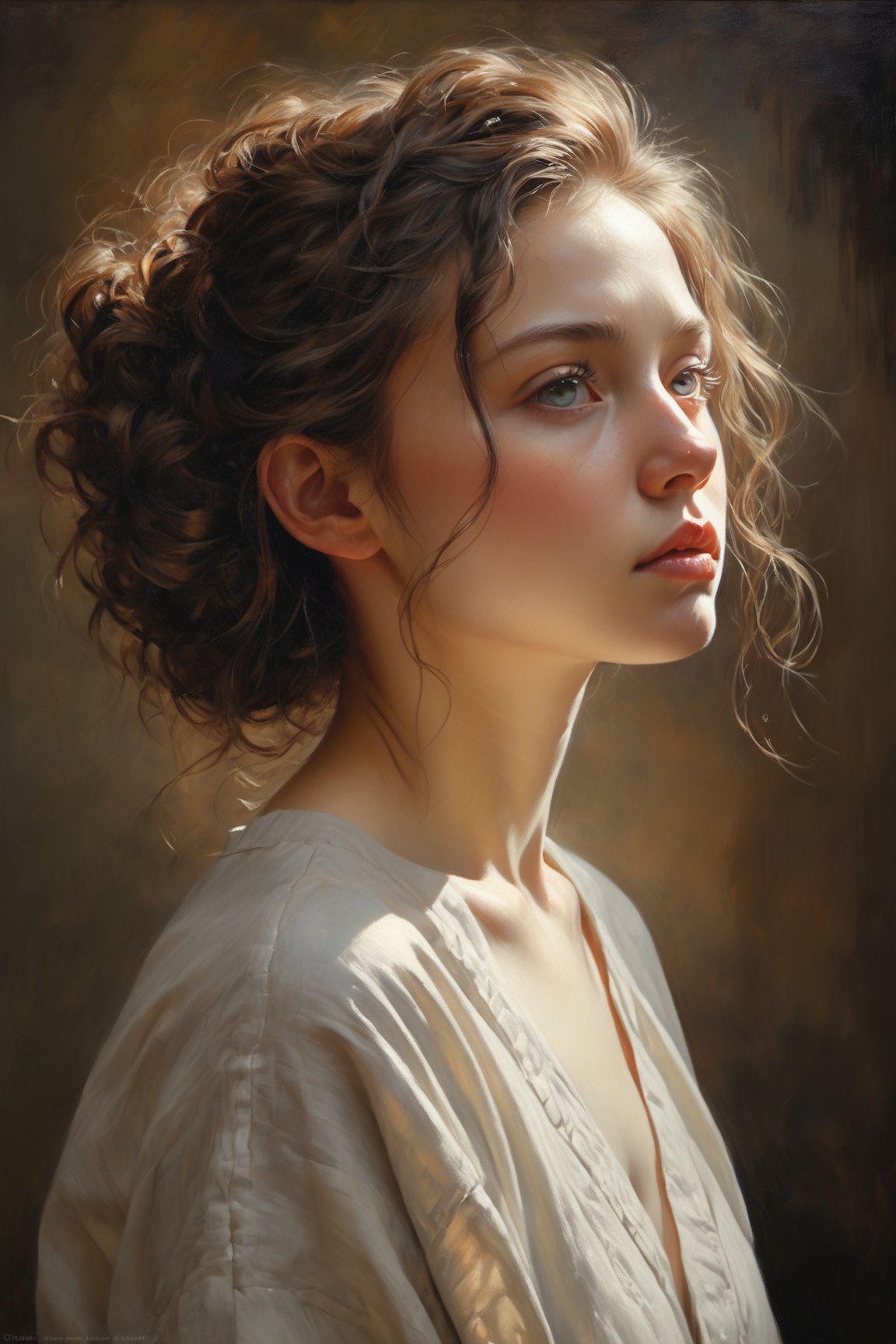 (best quality,highres,masterpiece:1.2),ultra-detailed,realistic oil paint,portraits,studio lighting,vivid colors,sharp focus,detailed brushwork,subtle color variations,expressive brushstrokes,dramatic lighting,finely textured canvas,rich color palette,meticulous attention to detail,dimensional representation,impeccable blending,layered composition,life-like facial features,play of light and shadow,intricate facial expressions,fine details in clothing and accessories,beautifully captured emotions,realistic portrayal of skin tones,attention to the intricacies of the human form,impressive depth and dimensionality,convincing and engaging composition,texture and volume in hair,impressive likeness to the subject,graceful and nuanced brushwork,impressionistic style with a hint of realism,lifelike eyes that draw you in,delicate and refined highlights and shadows.
