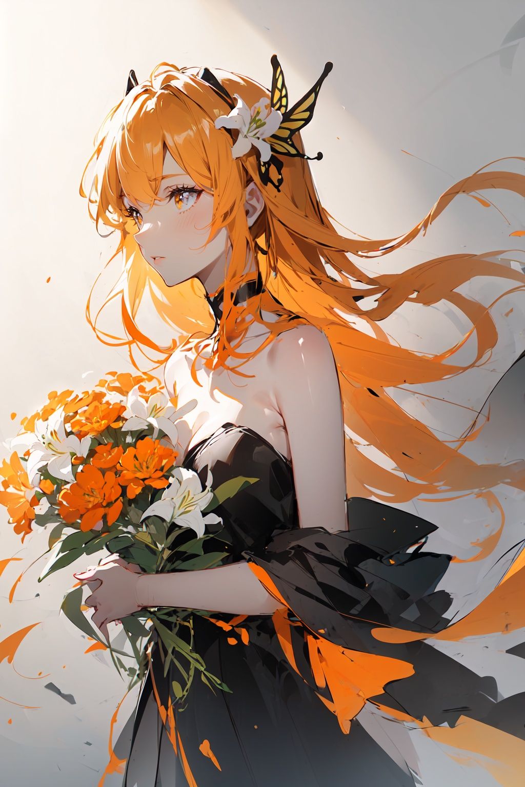 butterfly hair ornament,flat chest,(ambiguous gender:1.2),plain clothes,holding a bouquet of lilies,(from side:0.7),(sketch:1.3),charcoal drawing,rough drawing,selective color monochrome((White, Yellow, Orange)),partial coloring,golden edge,<lora:白夜玫瑰:1>,
