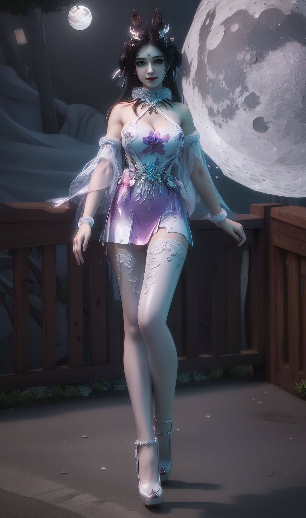masterpiece,(best quality),(3d)official art, extremely detailed cg 8k wallpaper,((crystalstexture skin)), (extremely delicate and beautiful),highly detailed,1girl,solo,long hair,headwear,(standing),(  hair),(closed mouth),hand ornaments,(dress,clothes,skirts),makeup,(Outdoor, night,moon),thighhighs,gloves,high_heels,tattoo,looking_at_viewer, (cleavage, medium breasts), (full body), <lora:hipoly3DModelLora_v10:0.3>