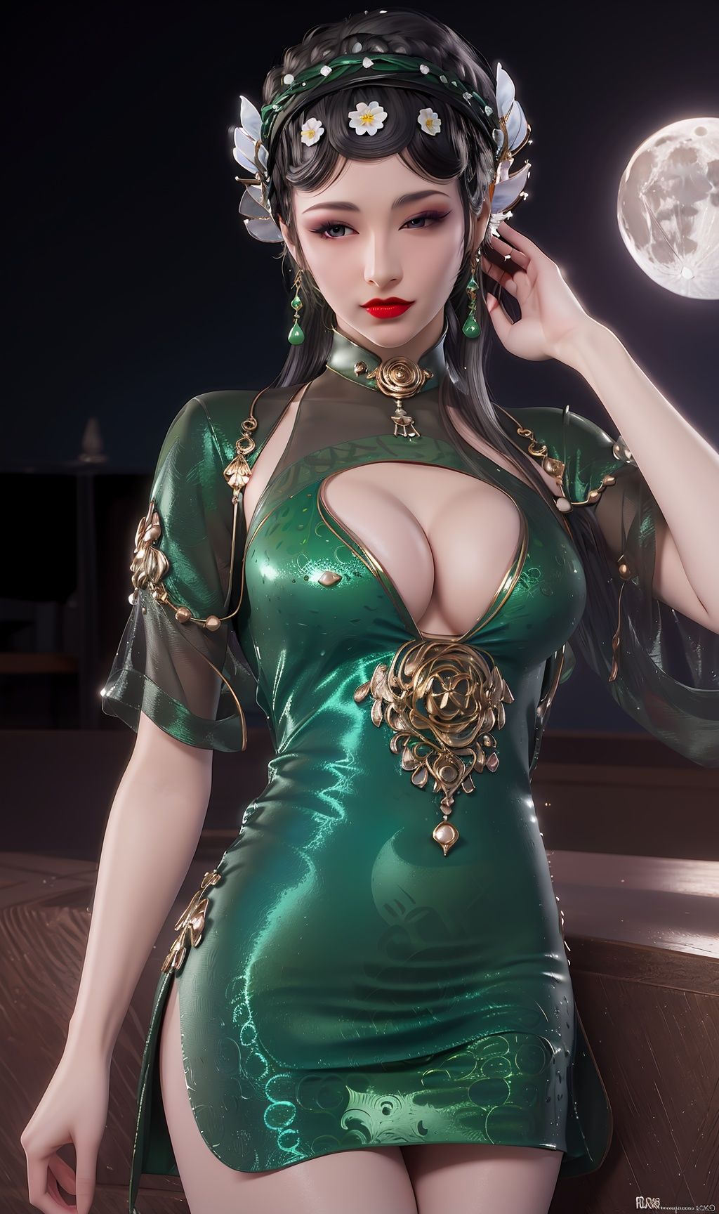masterpiece,(best quality),(3d)official art, extremely detailed cg 8k wallpaper,((crystalstexture skin)), (extremely delicate and beautiful),highly detailed,1girl,solo,long hair,headwear,(standing),(  hair),(closed mouth),hand ornaments,dress,clothes,skirts,(earrings), (makeup), (lipstick)(Outdoor, night,moon),looking_at_viewer, (cleavage, medium breasts), (upper body), <lora:hipoly3DModelLora_v10:0.3>