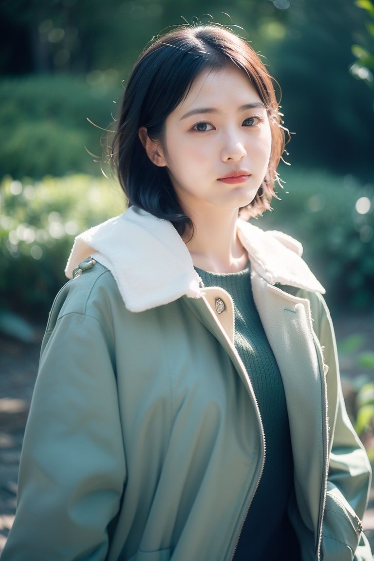 Photograph, Lovely Romanian (Female:1.2) , behance, wearing White and Olive Green Toggle coat, Casting magic pose, shallow depth of field, Simple and clean, Brocore, Ethereal Lighting, Short exposure, Fujichrome Provia 100F, Depth of field 100mm,,