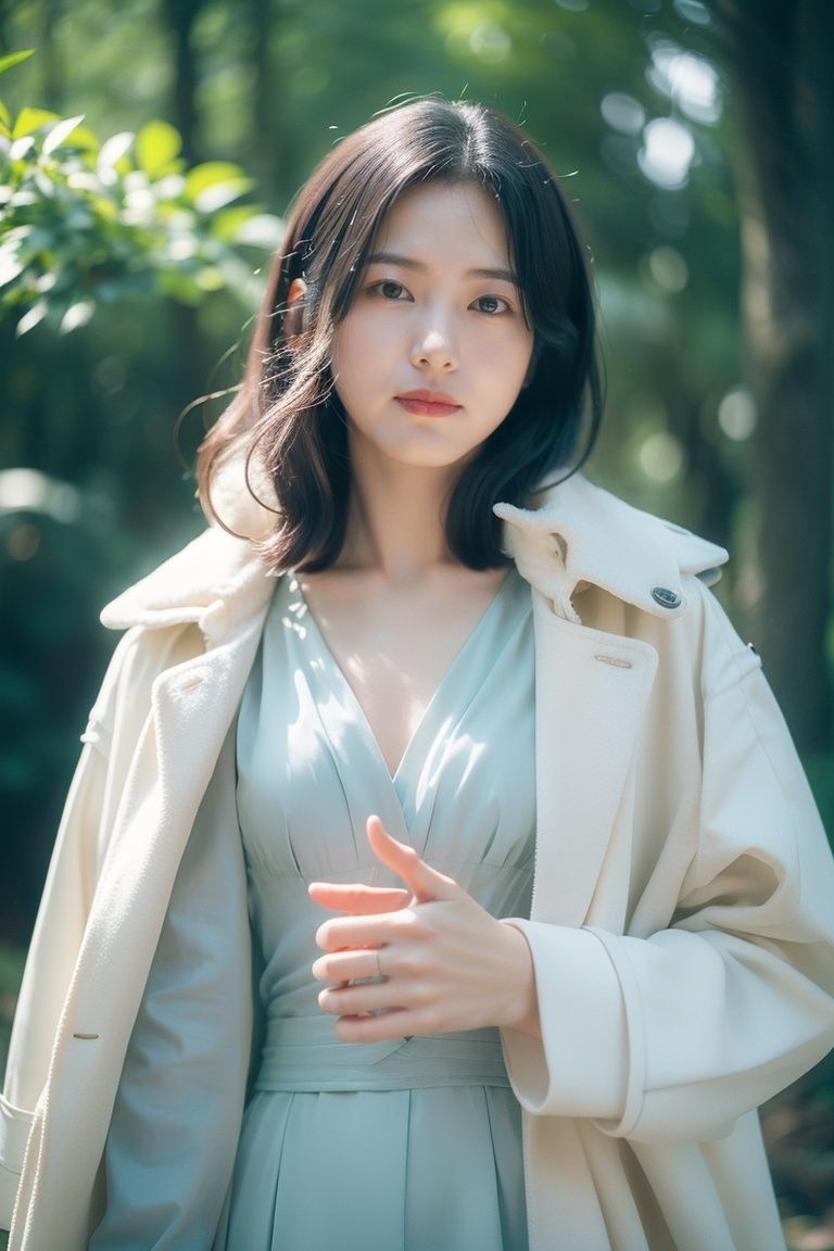 Photograph, Lovely Romanian (Female:1.2) , behance, wearing White and Olive Green Toggle coat, Casting magic pose, shallow depth of field, Simple and clean, Brocore, Ethereal Lighting, Short exposure, Fujichrome Provia 100F, Depth of field 100mm,,