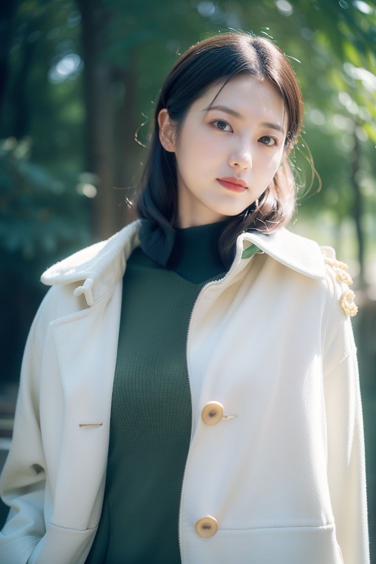 Photograph, Lovely Romanian (Female:1.2) , behance, wearing White and Olive Green Toggle coat, Casting magic pose, shallow depth of field, Simple and clean, Brocore, Ethereal Lighting, Short exposure, Fujichrome Provia 100F, Depth of field 100mm,,