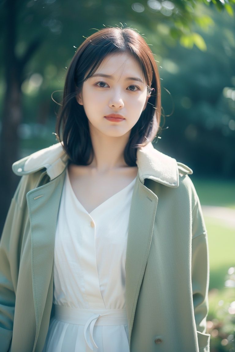 Photograph, Lovely Romanian (Female:1.2) , behance, wearing White and Olive Green Toggle coat, Casting magic pose, shallow depth of field, Simple and clean, Brocore, Ethereal Lighting, Short exposure, Fujichrome Provia 100F, Depth of field 100mm,,