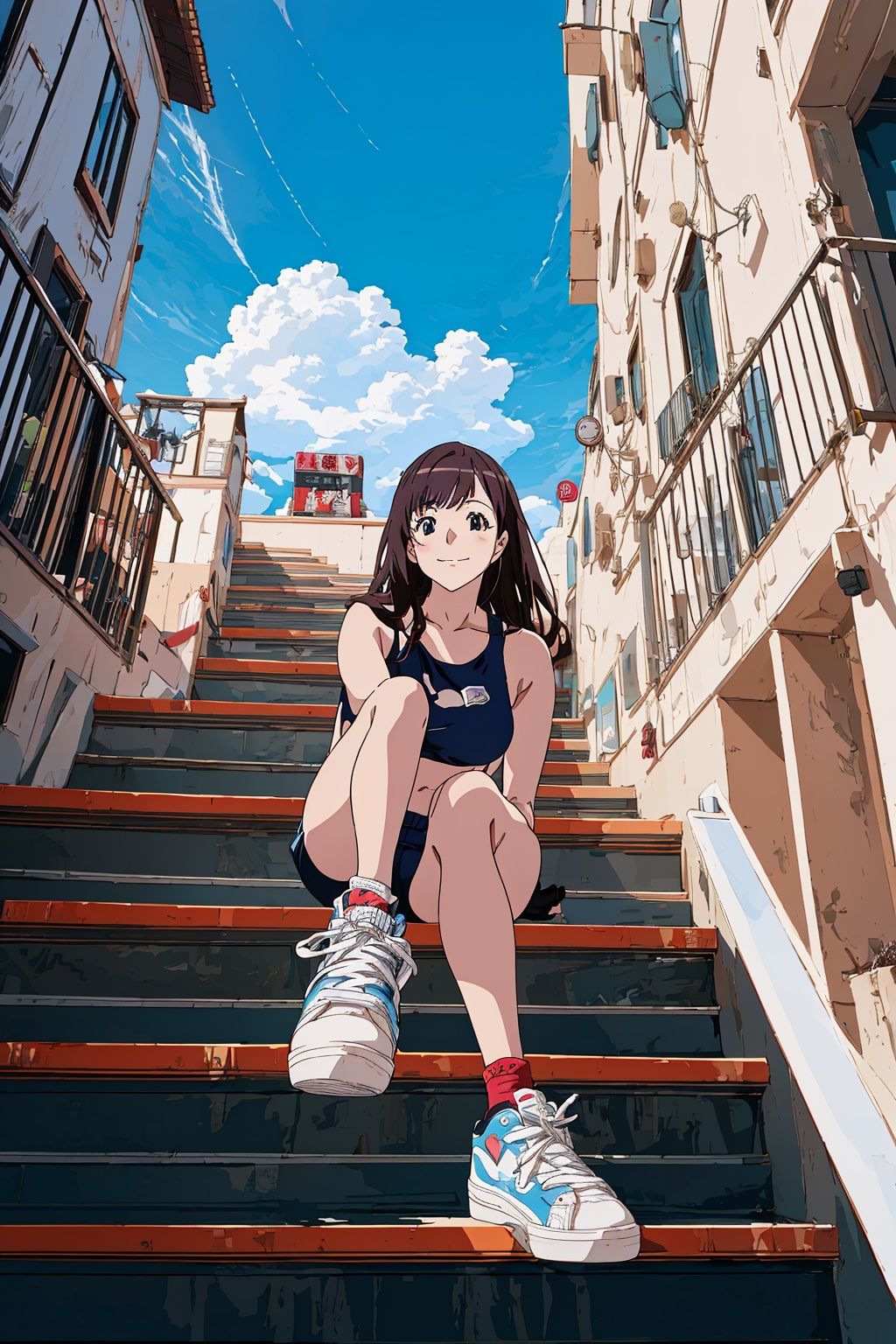 a woman on top of stairs with sneakers, in the style of anime art, dazzling cityscapes, hyper-realistic portraits, chinapunk, anime, street scene,lowangle