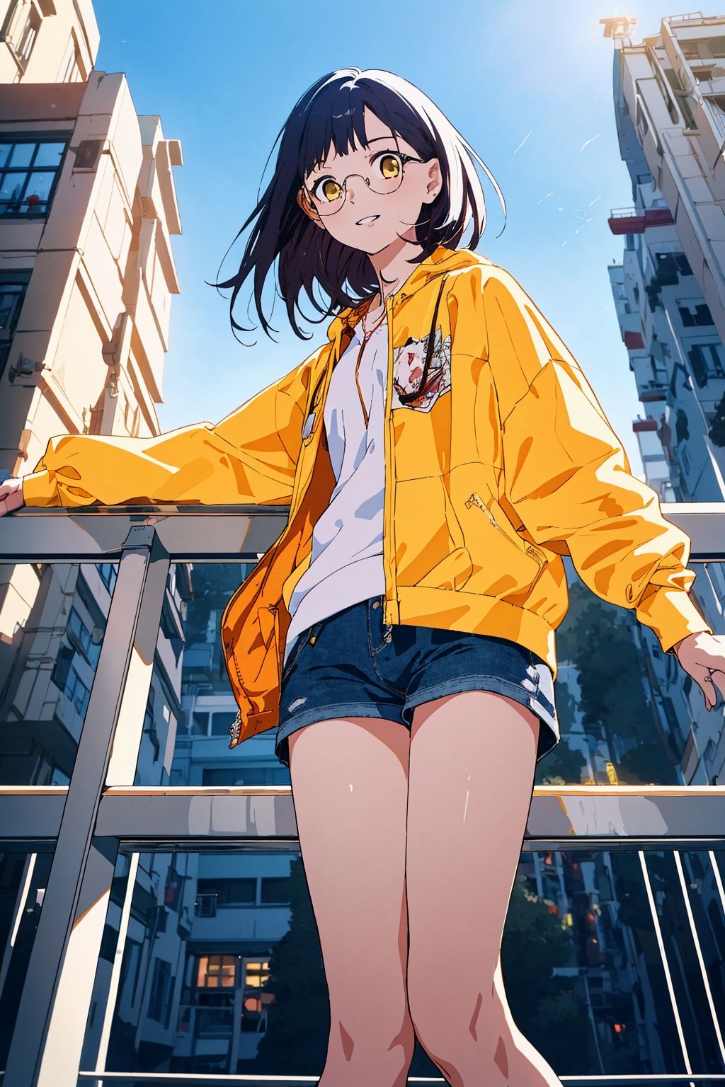 masterpiece, best quality,1girl, from below,a girl is on a railing and holding a pair of glasses in front of her, in the style of shige's visual aesthetic style, light orange and yellow, urbancore, chinapunk, aerial photography, photo-realistic hyperbole,lowangle