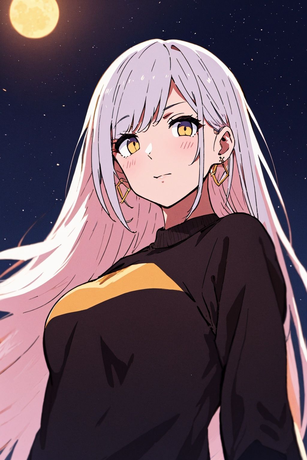 masterpiece, best quality, ultra highres, Professional,physically-based rendering, sharp focus, extreme detail description, 1girl, dark theme, upper body, beautiful detailed skin, look at you, serious, blushing, looking at viewer, long wavy white hair, Earring, background, big circs, two-horse-tail girl, ((night)), starry sky, low angle,