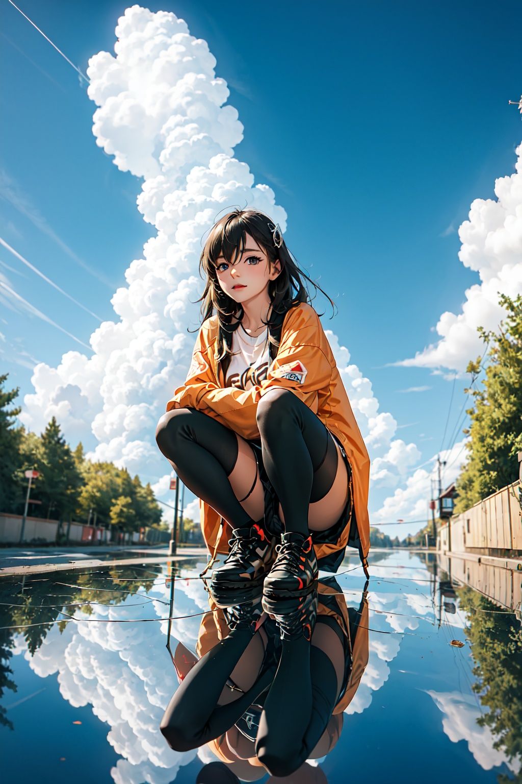  lowangle, 1girl, reflection, long hair,sky, thighhighs, cloud, looking at viewer, outdoors, black footwear, blue eyes, bangs, long sleeves, squatting, reflective floor, power lines, red thighhighs, shoes, hair between eyes, hair ornament, black thighhighs, full body, cloudy sky, reflective water, shirt, utility pole, day, sleeves past wrists, blue sky