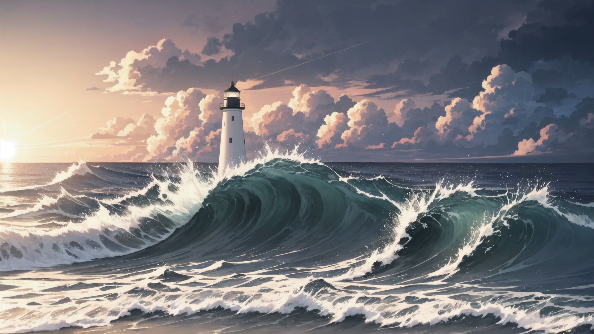 On a stormy night. A lighthouse stands on the vast expanse of sea, and the waves lap at the rocks on the shore.