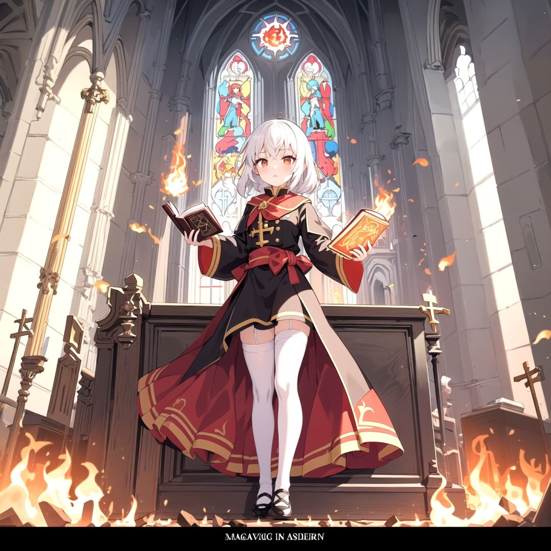 Anime, Illustration, Game CG, 1 girl, loli, magic envoy, (white stockings), (((holding a red magic book)), ((flames, fantastic colors)), ((in a church)), fire, arson, super detail, game illustration, dynamic angle, full body surrounded by flames