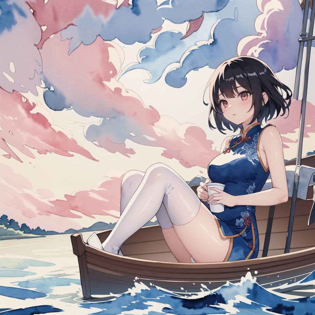 Masterpiece, highest quality, super detail, ((ink drawing style)), ((watercolor drawing style)), on the river, 1 girl in slit cheongsam and white stockings lying in a boat, dynamic angle, longer distance