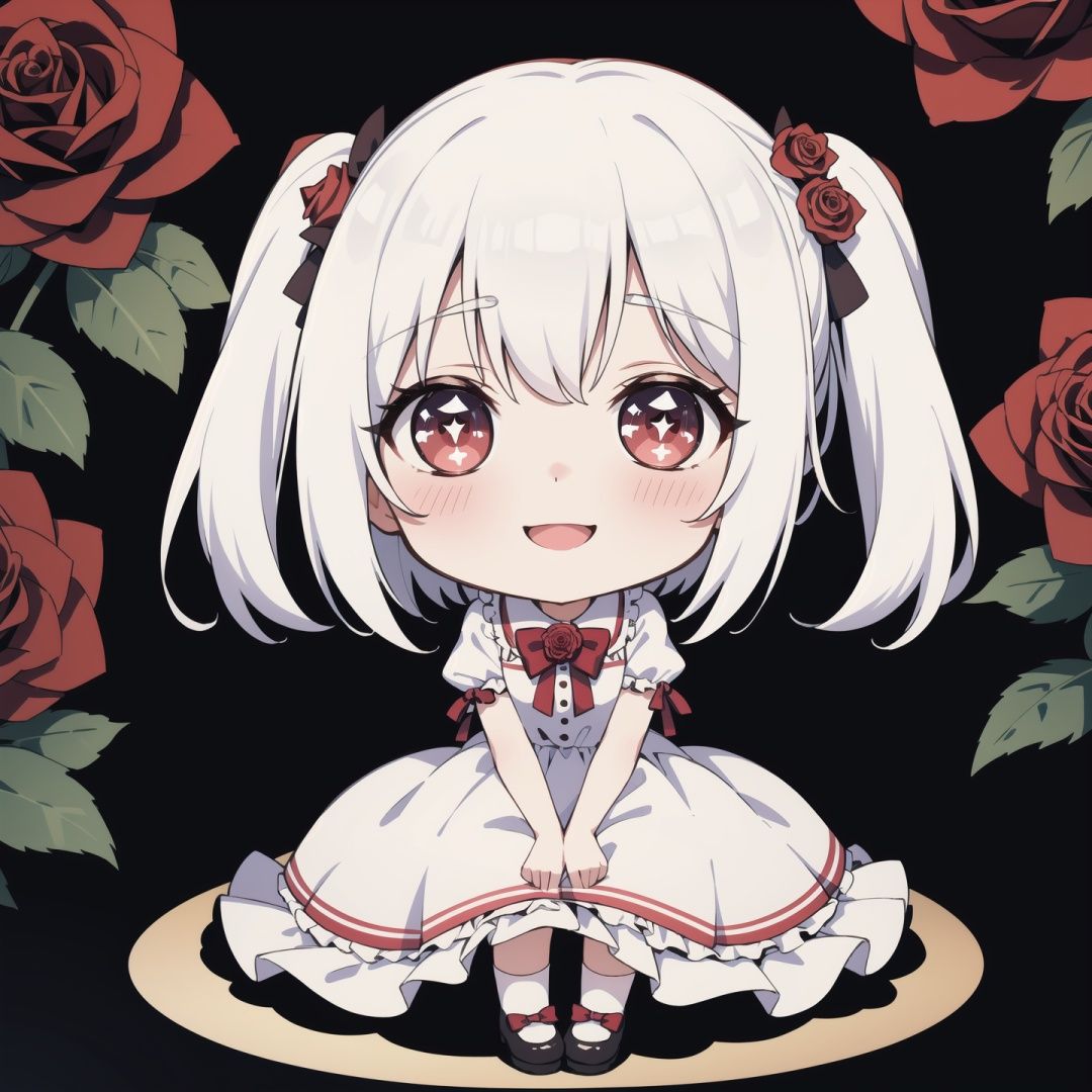 photo, full body close-up, roses, flowers,((chibi)), happy expression, red pupils, white hair, lolita dress, dreamy scene, art
