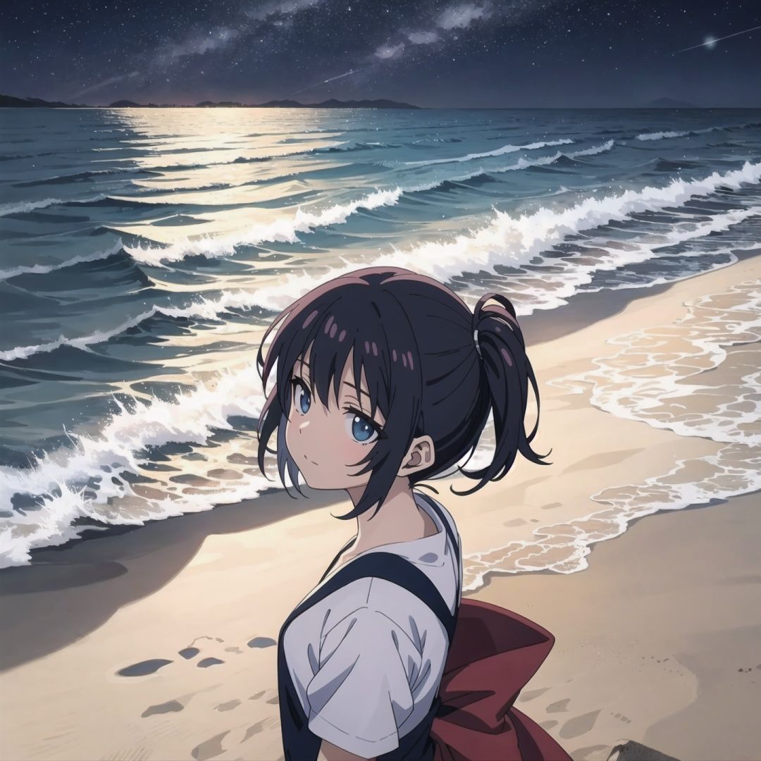 ((Super Detail)), ((Highest Quality)), ((Masterpiece)), On the endless sea, beach by the sea, dark night, starry sky, long distance, dynamic angle, ((anime))