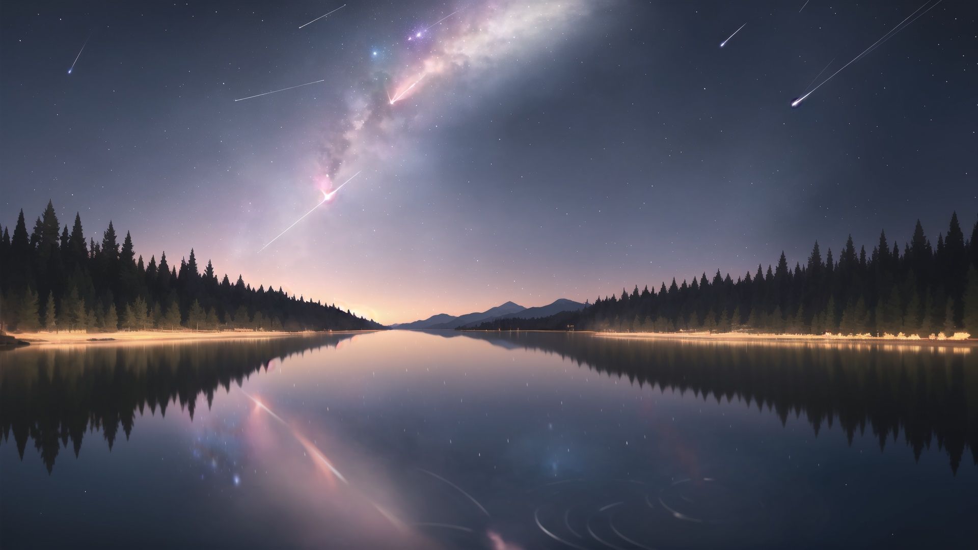 (Highest Quality), (Ultra Detail), (Masterpiece), (Masterpiece), (Meteor Shower: 1.2), ((Fantasy Background | Lake | Sky Reflection)), (Constellation: 1.1), Night Sky, ( Stars: 1.3),