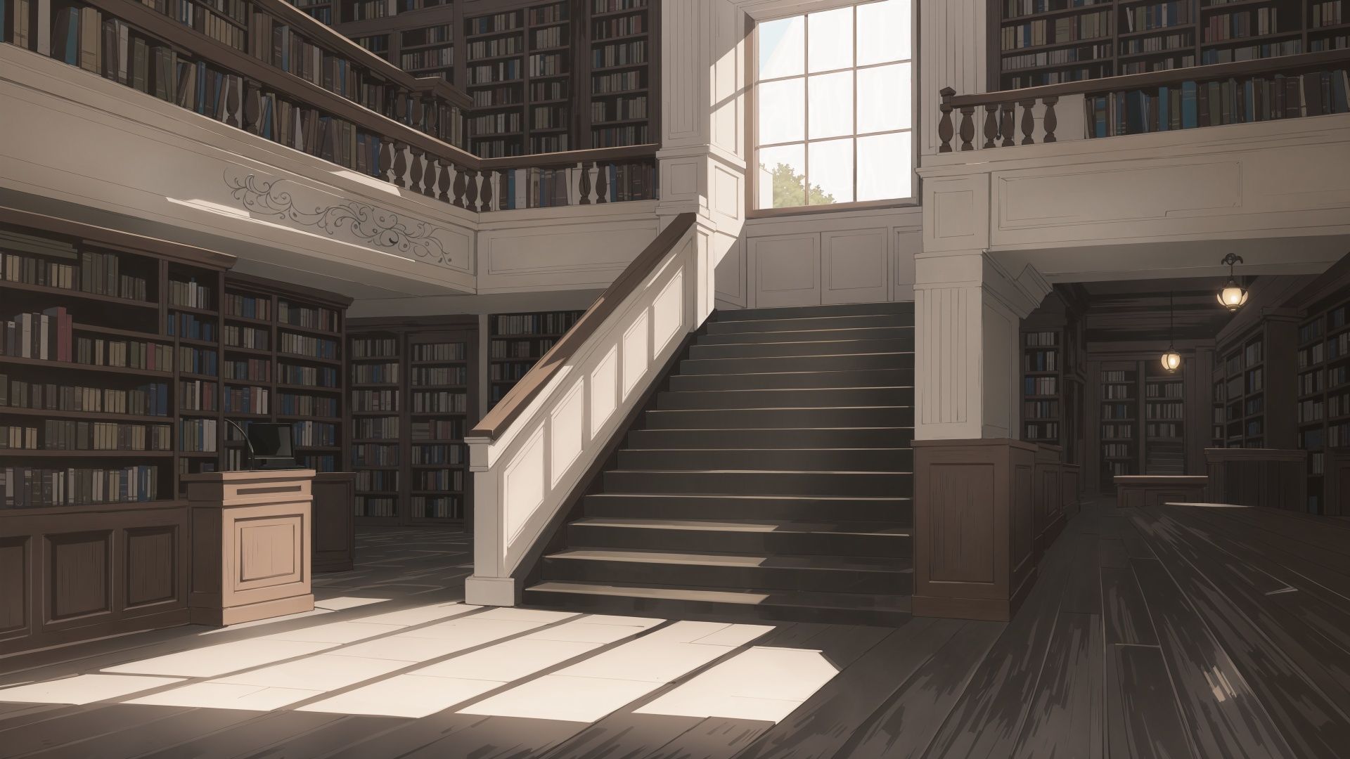 In a huge old library, (sunlight shines through the windows). Lots of bookshelves, distance, (moss), ((stairs)), worn ceiling, holes in the floor