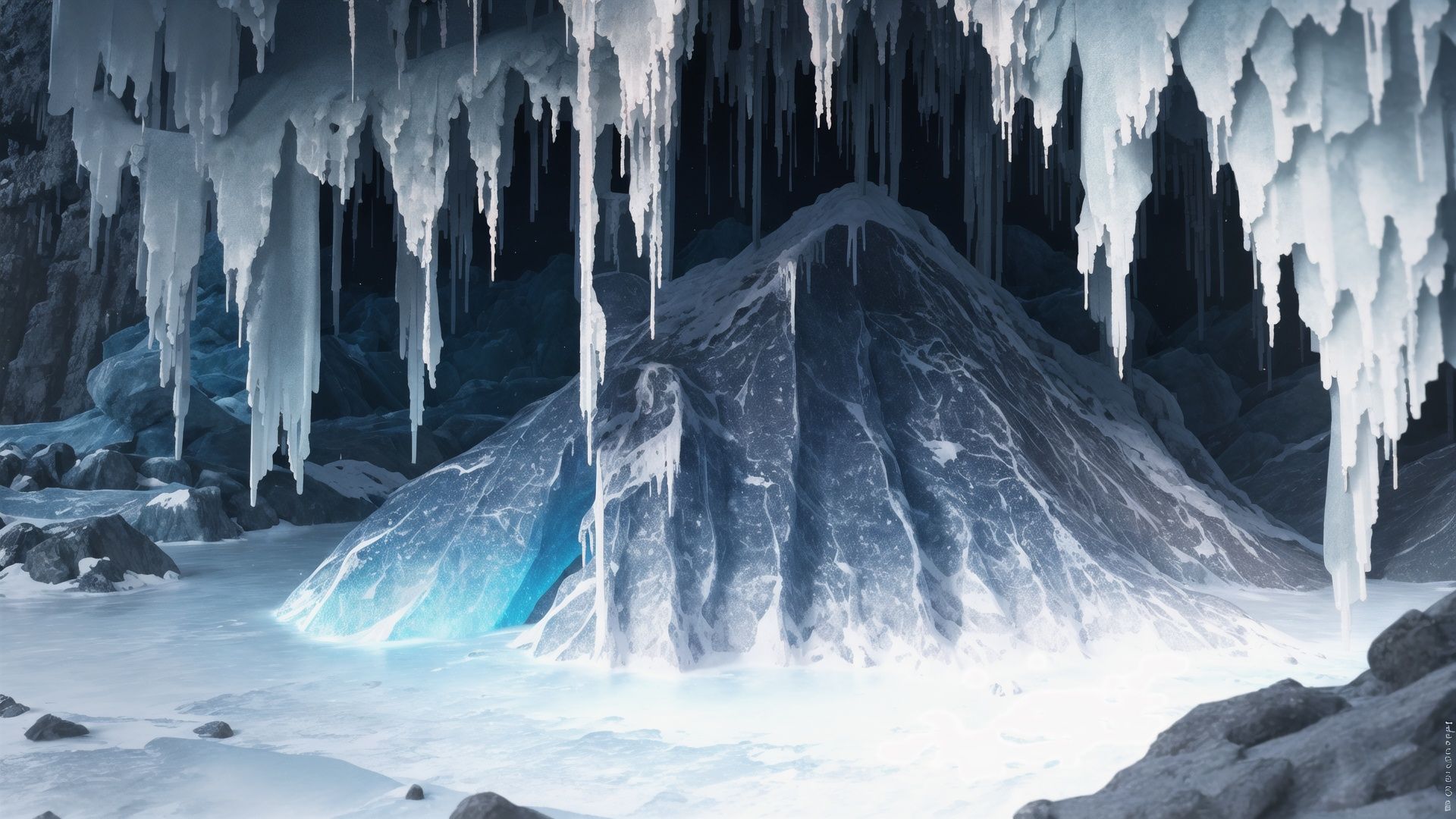 (Ultra Detail:1.2),(Maximum Quality 1.1),(3D Modeling:1.2),(Realistic Landscapes:1.2),((Real World)) in a dark cave with stalactites growing on the top and a lot of ice crystals in different colors on the ground,((Static Angle)))