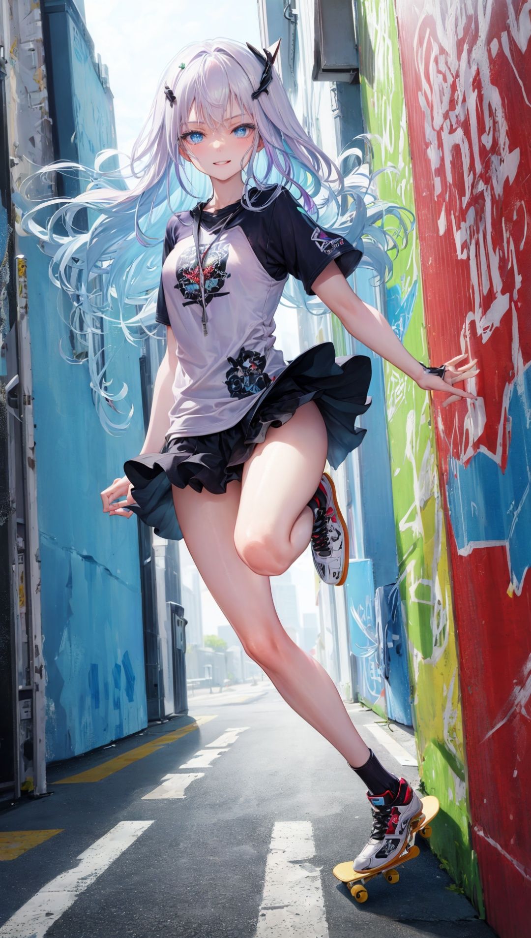 masterpiece, bestquality, highlydetailed, ultra-detailed, hmlacia, leicia, (purple hair:white hair:blue hair:1.125), long hair, hair ornament, ice blue eyes, delicate eyebrows, (solo),1 girl, edgy, cool, skateboarder, rebellious, confident, determined, long hair in the wind, intense gaze, daring smile, urban style, streetwear, skater girl, performing tricks, fearless, ********** rush, skateboarding, dynamic pose, urban setting, graffiti backdrop, bold, independent, adventurous, urban vibe, high energy, skilled, gritty, urban chic