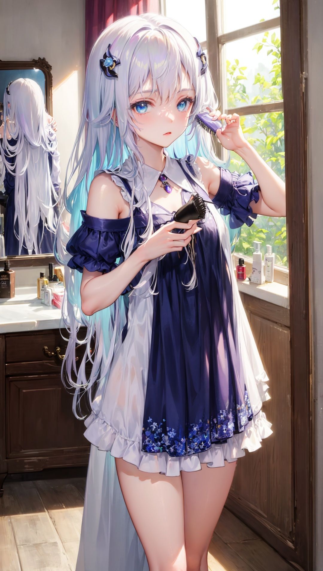 masterpiece, bestquality, highlydetailed, ultra-detailed, hmlacia, leicia, (purple hair:white hair:blue hair:1.125), long hair, hair ornament, ice blue eyes, delicate eyebrows, (solo:1.2), A girl styling her hair in front of a mirror, holding a hairbrush, hairdryer, and styling products. She has long, flowing hair with highlights. The room is brightly lit, and there is a vanity table full of beauty and hair care products. She wears a fashionable outfit and has a confident and stylish expression on her face