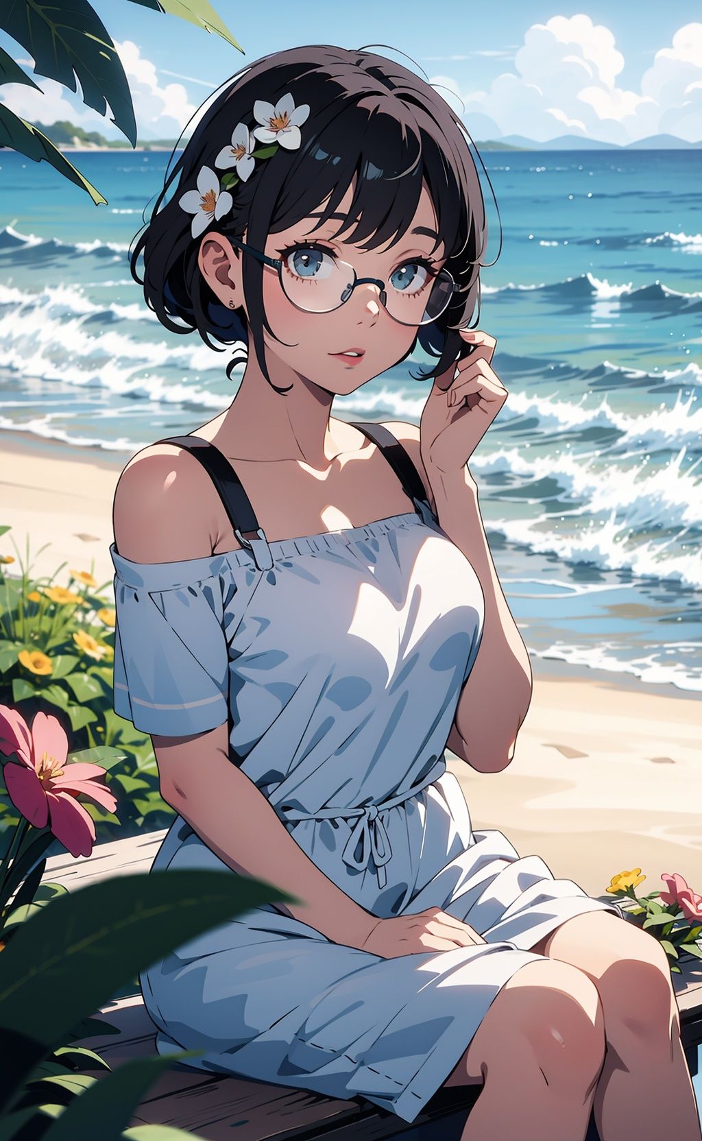 1girl,outdoors, flower,round eyewear, seaside, 