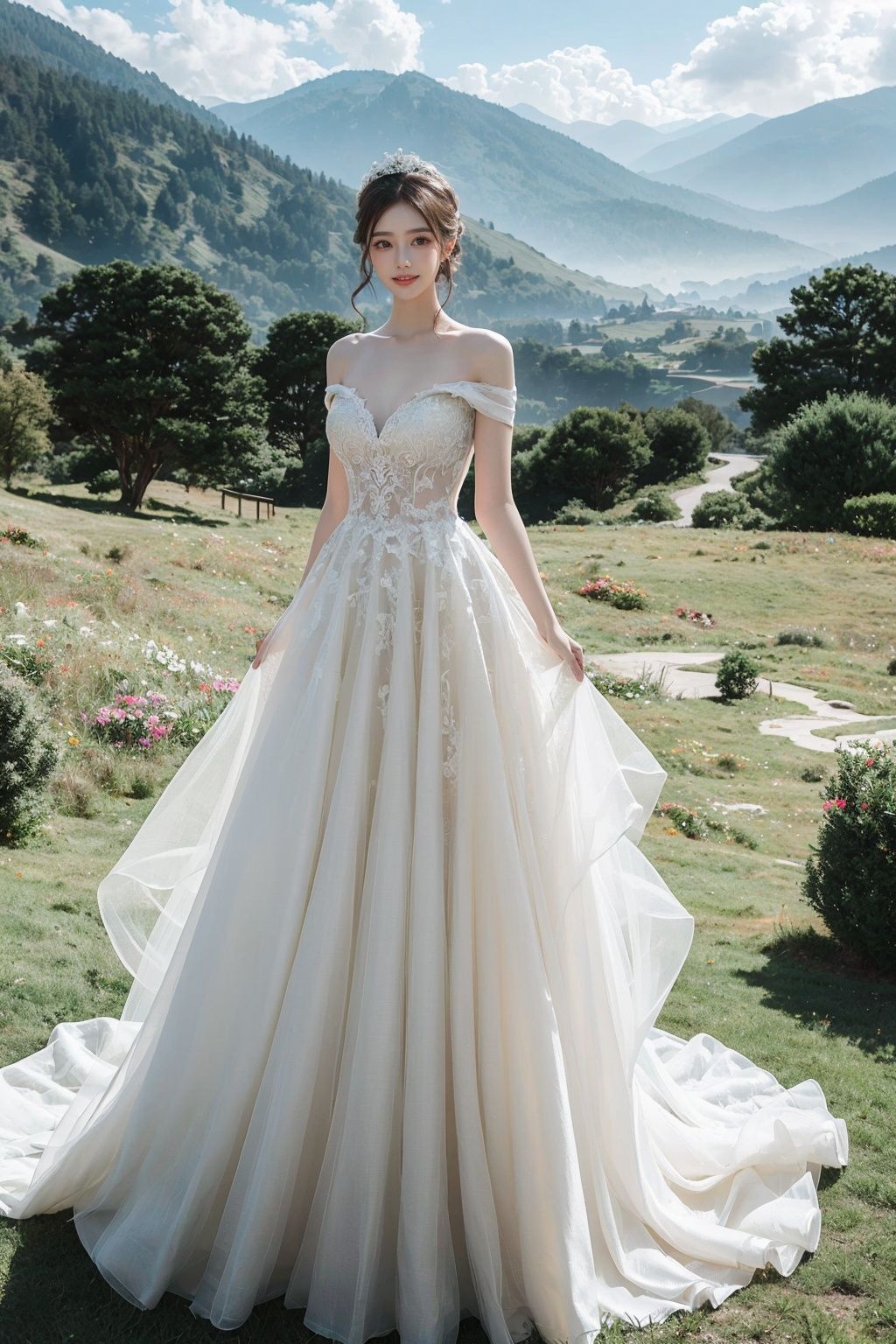  masterpiece, The best quality, 1girl, luxurious wedding dress, dreamy scene, snow mountains in the distance ,grasslands in the vicinity , front viewer, looking at viewer, Flowers, romantic, Bride, Translucent white turban, UHD, 16k, , sparkling dress, yunbin, smile,ll-hd