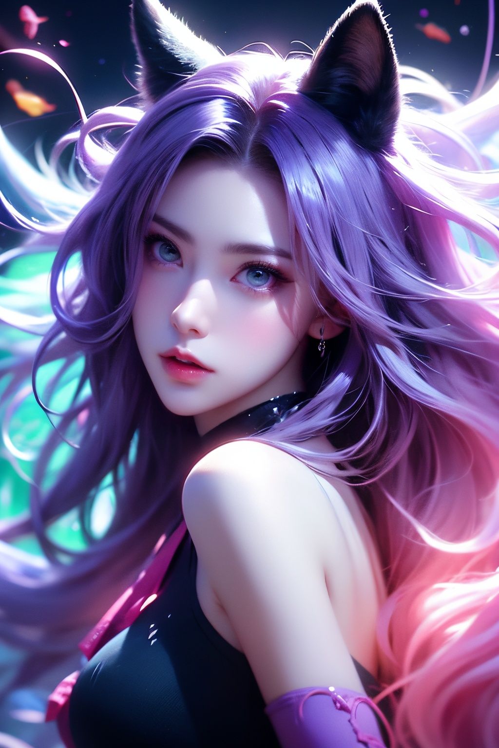 masterpiece,best quality,ultra high res,highly detailed,(psychedelic art:1.4),(woman, demon:1.3),(floating in dark mist:1.1),furry girl,anime furry women,((best quality)),((masterpiece)),((realistic)),(detailed),portrait,close up,young female,RAW photo,uhd,dslr,rainbow hair,high quality,realistic,photo realistic,dreamlikeart,lens flare,upper body,looking at viewer,animal focus,furry,wolf fursuit,1girl,cute,kawaii,lovely,fur,fur head,wolf head,narrow waist,wolf ears,black chocker,blush,paw,paw shoes,rainbow clothes,stunning gradient colors,no watermark signature,detailed background,woods,small lake with island,insanely detailed,visually stunning,wicked,hypnotic,alluring,cowboy shot,intricate,perferct shading,veil,beautiful,award-winning illustration,cosmic space background,ethereal atmosphere,ultra quality,beautiful girl,cosmical concept,rainbow strings,rainbow skin,rainbow bloody veins growing and intertwining out of the darkness,nailed wire,oozing thick blue blood,sharp neon,veins growing and pumping blood,vascular networks growing,green veins everywhere,yin and yang,glowing space,glowing stars,infinity symbol,dynamic pose,flying pose,glowing body,(rainbow aura:1.1),beautiful angel,clockwork,lightning,majestic,breathtaking,turtleneck dress,