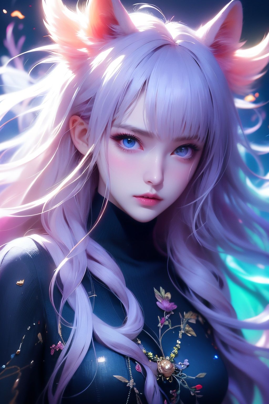 masterpiece,best quality,ultra high res,highly detailed,(psychedelic art:1.4),(woman, demon:1.3),(floating in dark mist:1.1),furry girl,anime furry women,((best quality)),((masterpiece)),((realistic)),(detailed),portrait,close up,young female,RAW photo,uhd,dslr,rainbow hair,high quality,realistic,photo realistic,dreamlikeart,lens flare,upper body,looking at viewer,animal focus,furry,wolf fursuit,1girl,cute,kawaii,lovely,fur,fur head,wolf head,narrow waist,wolf ears,black chocker,blush,paw,paw shoes,rainbow clothes,stunning gradient colors,no watermark signature,detailed background,woods,small lake with island,insanely detailed,visually stunning,wicked,hypnotic,alluring,cowboy shot,intricate,perferct shading,veil,beautiful,award-winning illustration,cosmic space background,ethereal atmosphere,ultra quality,beautiful girl,cosmical concept,rainbow strings,rainbow skin,rainbow bloody veins growing and intertwining out of the darkness,nailed wire,oozing thick blue blood,sharp neon,veins growing and pumping blood,vascular networks growing,green veins everywhere,yin and yang,glowing space,glowing stars,infinity symbol,dynamic pose,flying pose,glowing body,(rainbow aura:1.1),beautiful angel,clockwork,lightning,majestic,breathtaking,turtleneck dress,