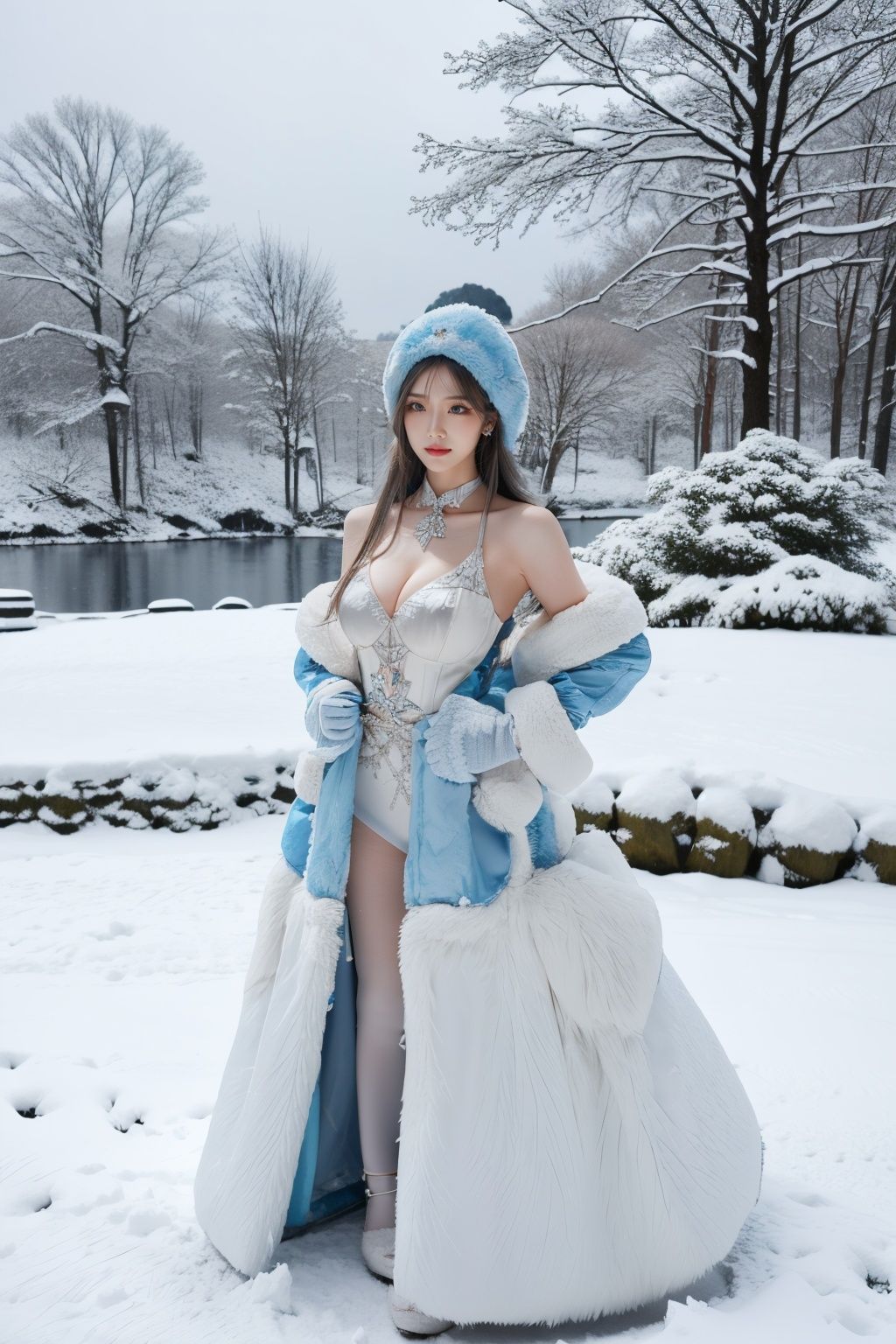(RAW photo, best quality, masterpiece:1.2),(super realistic, photo-realistic:1.3),ultra-detailed,extremely detailed cg 16k wallpaper,skin gloss,light persona,flawless,clean,professional artwork,famous artwork,perfect face,beautiful face,(crystalstexture skin:1.2),(extremely delicate and beautiful),wzjbxzh,(full body:1.2),snow,snowing,snowflakes,framed breasts,wzjbxzh,fur trimmed coat,feather boa,fur trimmed gloves,fur trimmed hood,fur trimmed jacket,make up,jewelry,earrings,choker,(breasts,medium_breasts,cleavage:1.2 ),looking at viewer,(pov:1.2),<lora:wzjbxzh:0.8>,