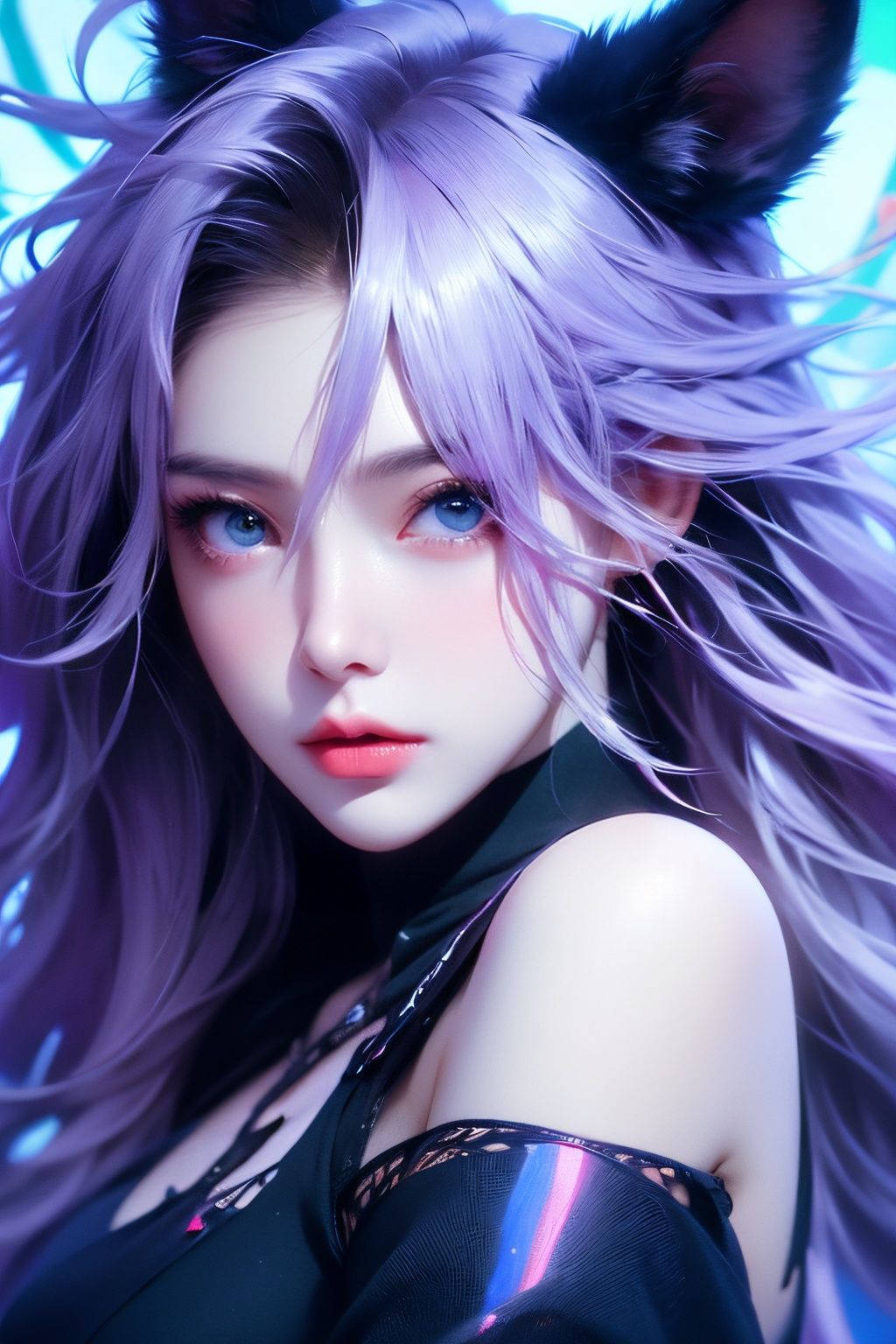 masterpiece,best quality,ultra high res,highly detailed,(psychedelic art:1.4),(woman, demon:1.3),(floating in dark mist:1.1),furry girl,anime furry women,((best quality)),((masterpiece)),((realistic)),(detailed),portrait,close up,young female,RAW photo,uhd,dslr,rainbow hair,high quality,realistic,photo realistic,dreamlikeart,lens flare,upper body,looking at viewer,animal focus,furry,wolf fursuit,1girl,cute,kawaii,lovely,fur,fur head,wolf head,narrow waist,wolf ears,black chocker,blush,paw,paw shoes,rainbow clothes,stunning gradient colors,no watermark signature,detailed background,woods,small lake with island,insanely detailed,visually stunning,wicked,hypnotic,alluring,cowboy shot,intricate,perferct shading,veil,beautiful,award-winning illustration,cosmic space background,ethereal atmosphere,ultra quality,beautiful girl,cosmical concept,rainbow strings,rainbow skin,rainbow bloody veins growing and intertwining out of the darkness,nailed wire,oozing thick blue blood,sharp neon,veins growing and pumping blood,vascular networks growing,green veins everywhere,yin and yang,glowing space,glowing stars,infinity symbol,dynamic pose,flying pose,glowing body,(rainbow aura:1.1),beautiful angel,clockwork,lightning,majestic,breathtaking,turtleneck dress,