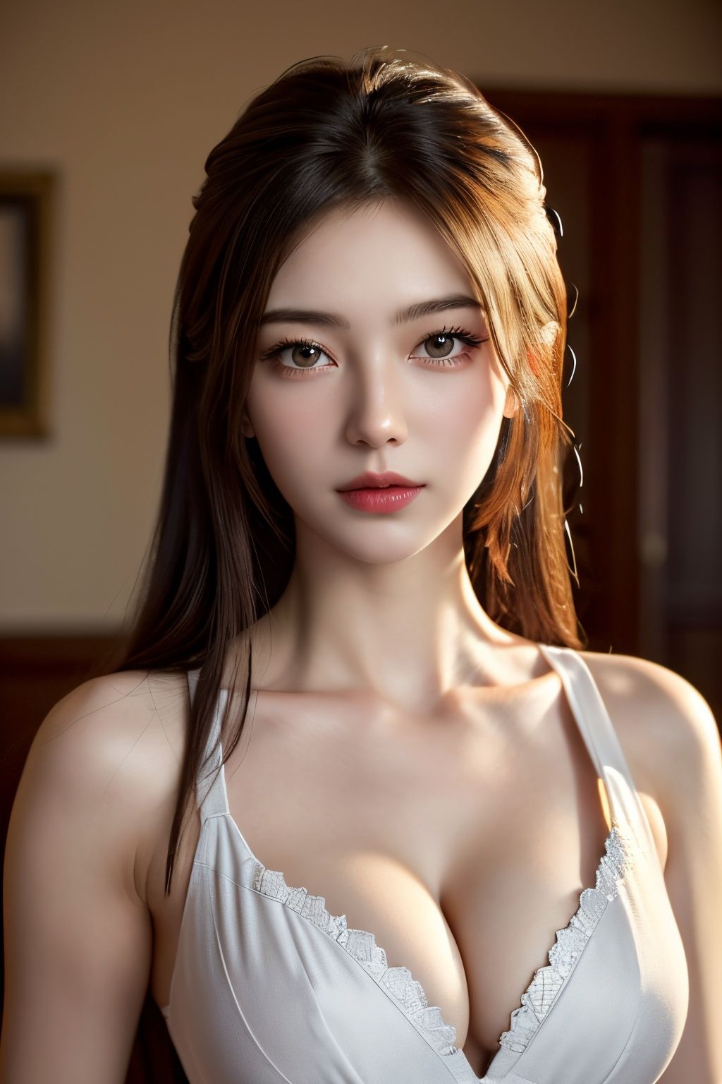 (RAW photo, best quality, masterpiece:1.2),(super realistic, photo-realistic:1.3),ultra-detailed,extremely detailed cg 16k wallpaper,skin gloss,light persona,flawless,clean,professional artwork,famous artwork,perfect face,beautiful face,movie grade texture,Cinematic Lighting,(crystalstexture skin:1.2),(extremely delicate and beautiful),1girl,white_hair,upper body,solo,lmw-hd,portrait,(breasts,medium_breasts,cleavage:1.2 ),looking at viewer,(pov:1.2),<lora:1103limuwan-000016:0.5:1,1,1,1,1,0,0.2,0,0.8,1,1,0.2,0,0,0,0,0>,