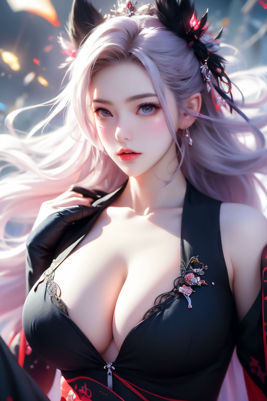 (masterpiece, top quality, best quality, official art, beautiful and aesthetic:1.2),(1girl:1.2),cute,extreme detailed,(abstract:1.4, fractal art:1.3),(silver_hair:1.1),fate \(series\),colorful,highest detailed,fire,ice,lightning,(splash_art:1.2),jewelry:1.4,hanfu,scenery,ink,(huge breasts:1.4, cleavage:1.2),
