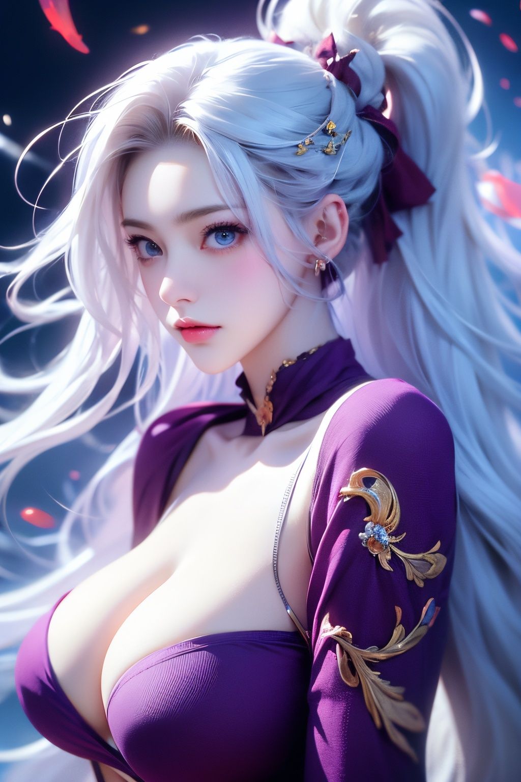(masterpiece, top quality, best quality, official art, beautiful and aesthetic:1.2),(1girl:1.2),cute,extreme detailed,(abstract:1.4, fractal art:1.3),(silver_hair:1.1),fate \(series\),colorful,highest detailed,fire,ice,lightning,(splash_art:1.2),jewelry:1.4,hanfu,scenery,ink,(huge breasts:1.4, cleavage:1.2),