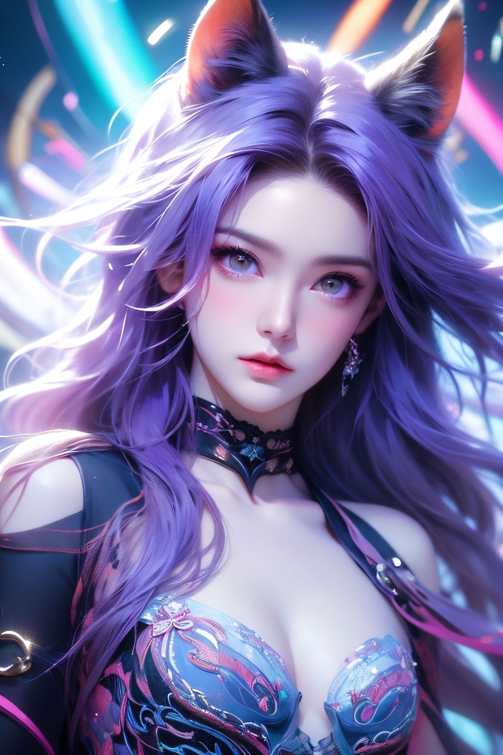 masterpiece,best quality,ultra high res,highly detailed,(psychedelic art:1.4),(woman, demon:1.3),(floating in dark mist:1.1),furry girl,anime furry women,((best quality)),((masterpiece)),((realistic)),(detailed),portrait,close up,young female,RAW photo,uhd,dslr,rainbow hair,high quality,realistic,photo realistic,dreamlikeart,lens flare,upper body,looking at viewer,animal focus,furry,wolf fursuit,1girl,cute,kawaii,lovely,fur,fur head,wolf head,narrow waist,wolf ears,black chocker,blush,paw,paw shoes,rainbow clothes,stunning gradient colors,no watermark signature,detailed background,woods,small lake with island,insanely detailed,visually stunning,wicked,hypnotic,alluring,cowboy shot,intricate,perferct shading,veil,beautiful,award-winning illustration,cosmic space background,ethereal atmosphere,ultra quality,beautiful girl,cosmical concept,rainbow strings,rainbow skin,rainbow bloody veins growing and intertwining out of the darkness,nailed wire,oozing thick blue blood,sharp neon,veins growing and pumping blood,vascular networks growing,green veins everywhere,yin and yang,glowing space,glowing stars,infinity symbol,dynamic pose,flying pose,glowing body,(rainbow aura:1.1),beautiful angel,clockwork,lightning,majestic,breathtaking,turtleneck dress,