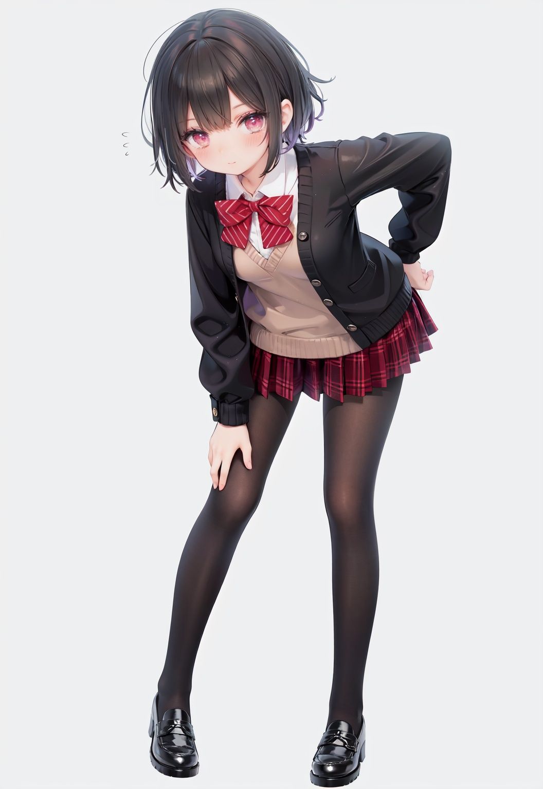  1girl, solo, pantyhose, skirt, long hair, loafers, shoes, simple background, school uniform, brown eyes, plaid, black pantyhose, plaid skirt, looking at viewer, black hair, pantyhose pull, full body, clothes pull, black footwear, pleated skirt, leaning forward, bangs, long sleeves, bent over, cardigan, bow, bowtie, standing, closed mouth, pulled by self, grey background, blush, miniskirt, red bow, sweater, **********