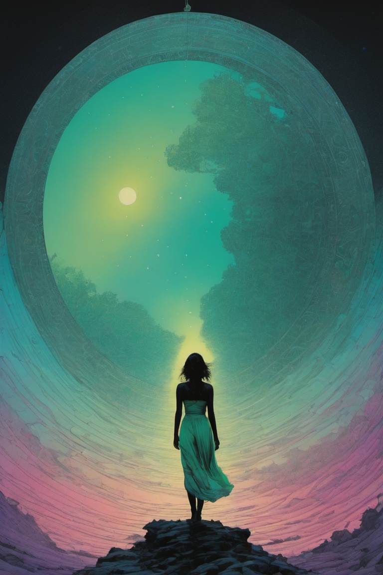 pefect white balance, Step into a realm where innocence gives way to an otherworldly transformation. A beautiful woman's silhouette takes center stage against the astral cosmic sky, thanks to a mesmerizing double exposure effect. The collaborative genius of artists like Brandon Kidwell, Andreas Lie, and Dan Mountford brings this dreamlike scene to fruition. This oil and ink canvas masterpiece boasts fine art elements and super dramatic lighting that create astonishing depth. The photoillustration technique breathes life into the concept of evolution, as glowing particles and intricate details guide your gaze. Iridescent shades of green and pink cast a hypnotic spell over the hyperdetailed, vibrant scenery, making it a mesmerizing and surreal experience.,