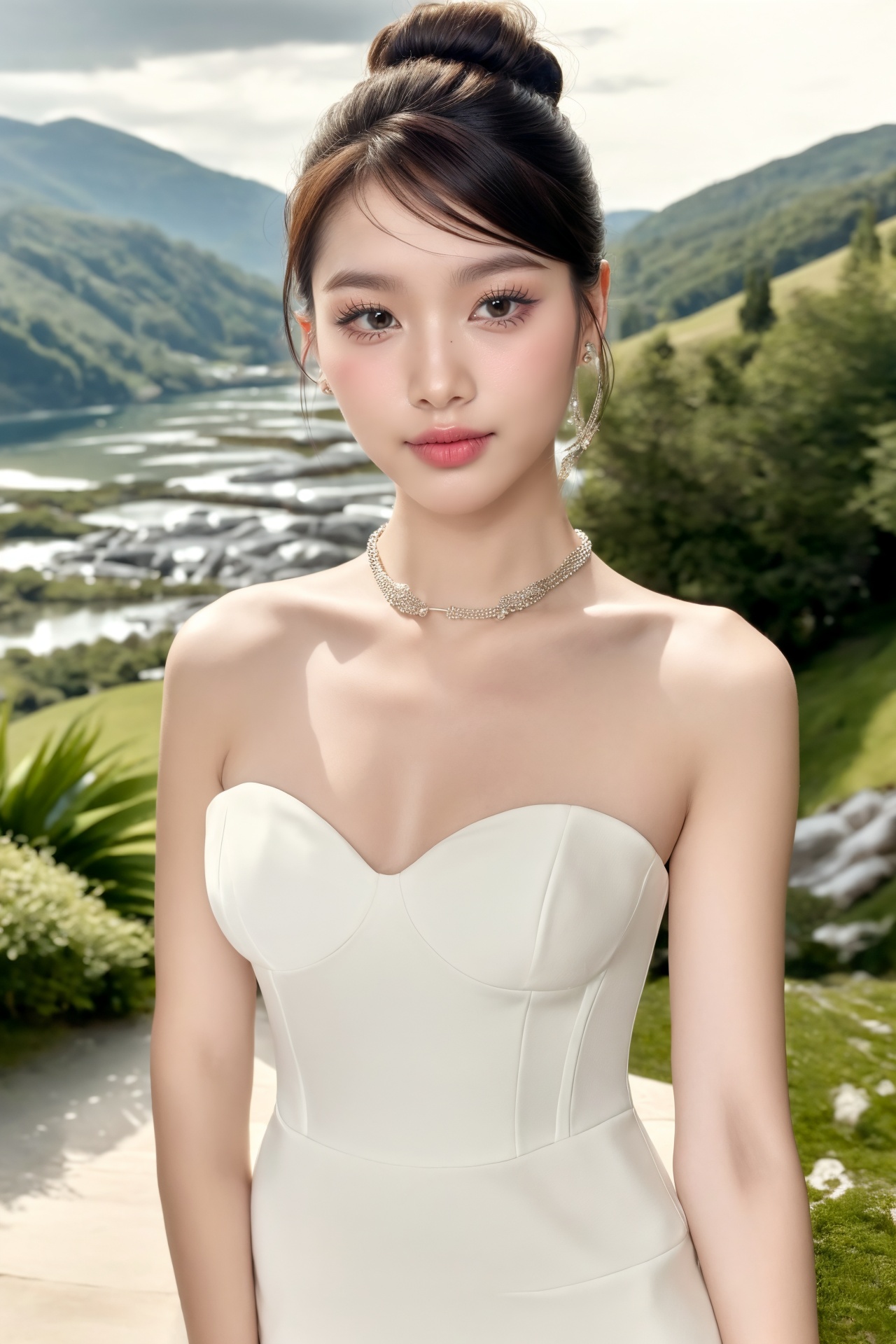 girl,  Shift dress with a statement necklace,  French twist bun on Tensor.Art