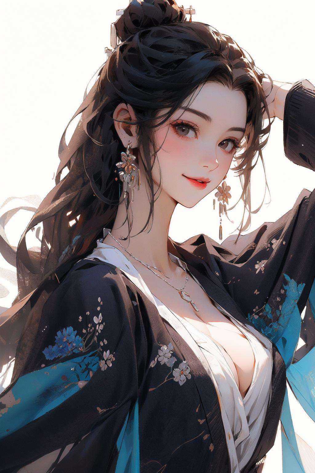 , masterpiece, best quality,1girl, jewelry, solo, earrings, necklace, smile, black hair, breasts, cleavage, looking at viewer, white background, upper body, long hair, simple background, closed mouth, black eyes, medium breasts, chinese clothes, lips