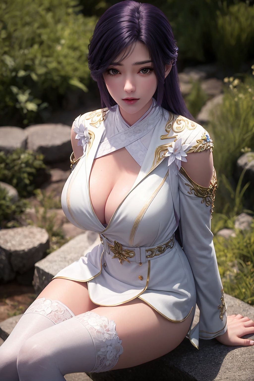 large breasts, , 1girl, sitting,white kneehighs,