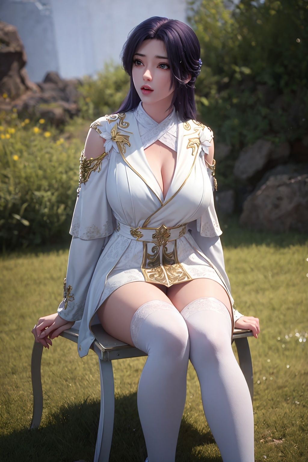 large breasts, , 1girl, sitting,white kneehighs,