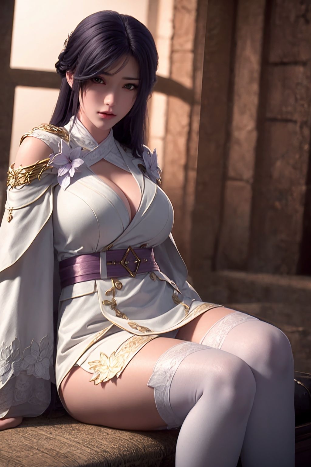 large breasts, , 1girl, sitting,white kneehighs,