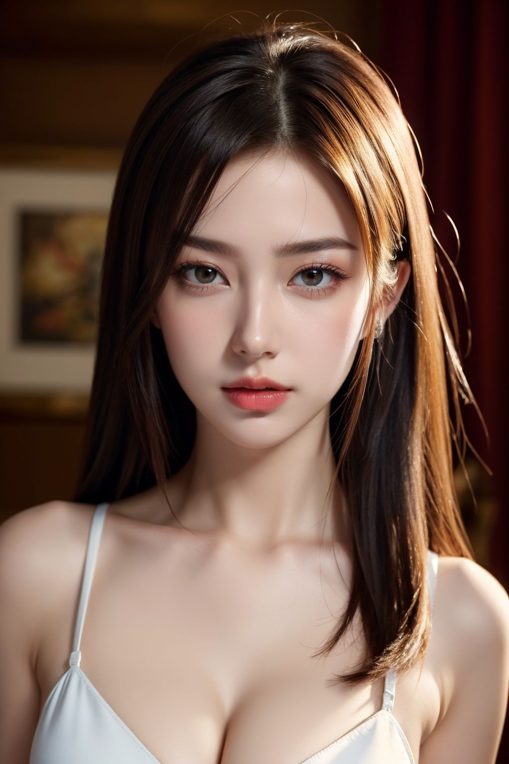 (RAW photo, best quality, masterpiece:1.2),(super realistic, photo-realistic:1.3),ultra-detailed,extremely detailed cg 16k wallpaper,skin gloss,light persona,flawless,clean,professional artwork,famous artwork,perfect face,beautiful face,movie grade texture,Cinematic Lighting,(crystalstexture skin:1.2),(extremely delicate and beautiful),1girl,white_hair,upper body,solo,jyy-hd,(breasts,medium_breasts,cleavage:1.2 ),looking at viewer,(pov:1.2),