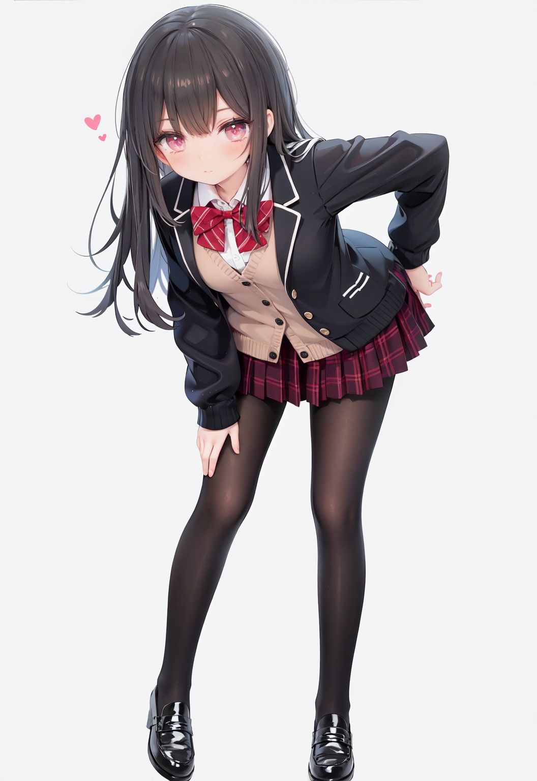  1girl, solo, pantyhose, skirt, long hair, loafers, shoes, simple background, school uniform, brown eyes, plaid, black pantyhose, plaid skirt, looking at viewer, black hair, pantyhose pull, full body, clothes pull, black footwear, pleated skirt, leaning forward, bangs, long sleeves, bent over, cardigan, bow, bowtie, standing, closed mouth, pulled by self, grey background, blush, miniskirt, red bow, sweater, **********