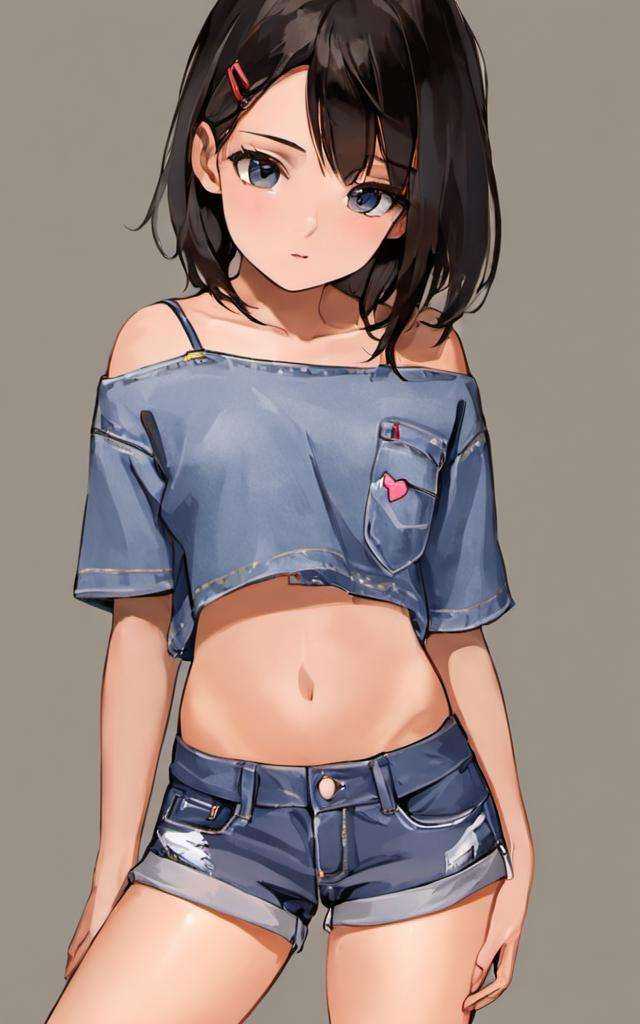1girl, as109, **** girls, navel, mini denim shorts, <lora:LoliconXL_REG-000010:0.8>